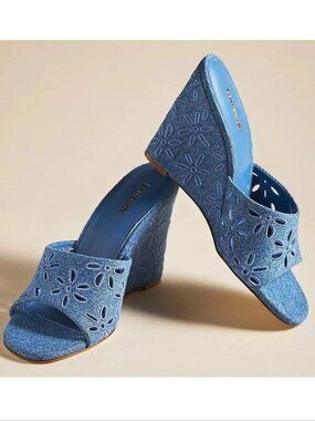 Larroude Jackie Wedge Sandals Size 9 Blue Denim Eyelet Embroidery NEW